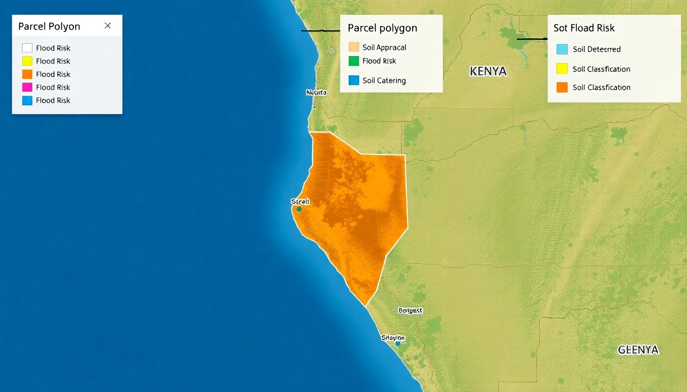 AI-driven parcel lookup in Kenya — plot number search returning zoning, flood risk, and constraint data on a digital map