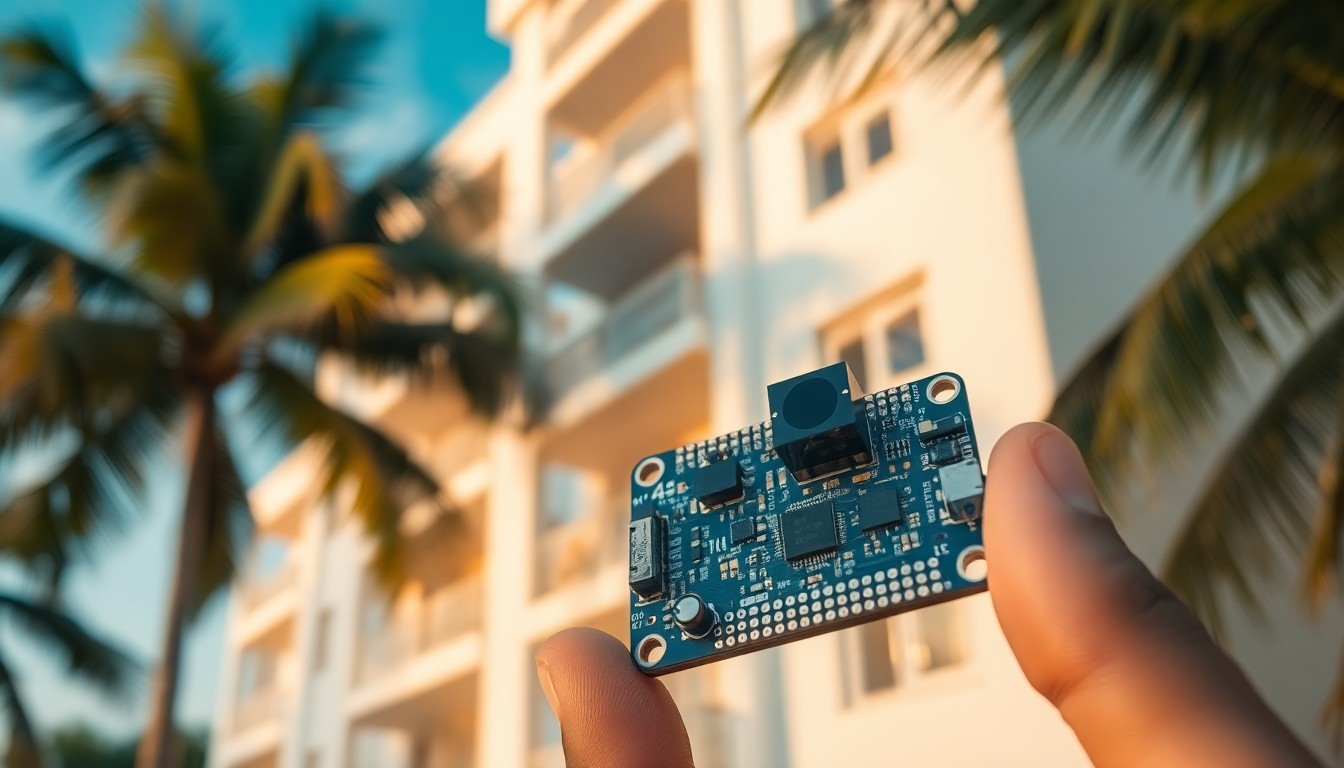 ESP32 microcontroller with thermal camera sensor inspecting a coastal building facade in Mombasa for moisture and heat anomalies