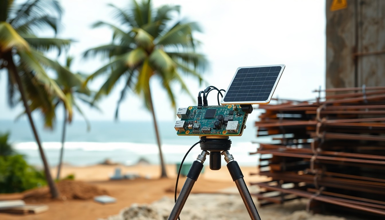 Raspberry Pi edge AI monitoring station on a Kenyan coastal construction site — solar-powered, LoRa connected, zero internet required